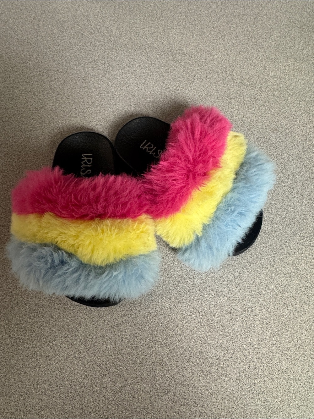 Iris Kids Fuzzy Slide Sandals in Pink, Yellow & Blue